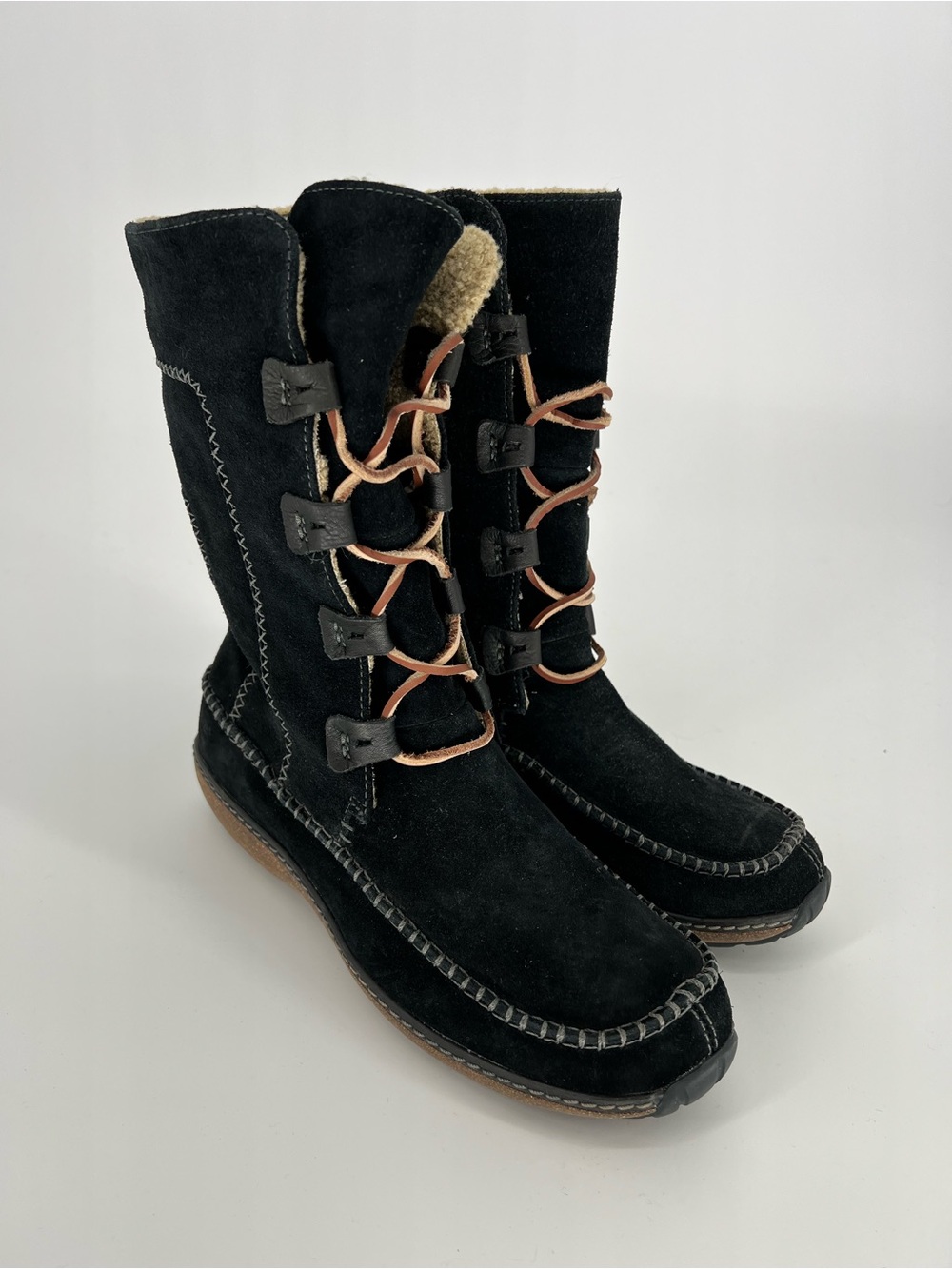 Timberland Fauna Black Women Boots Suede Moccasin Lace Up Sherpa Lined Size 8